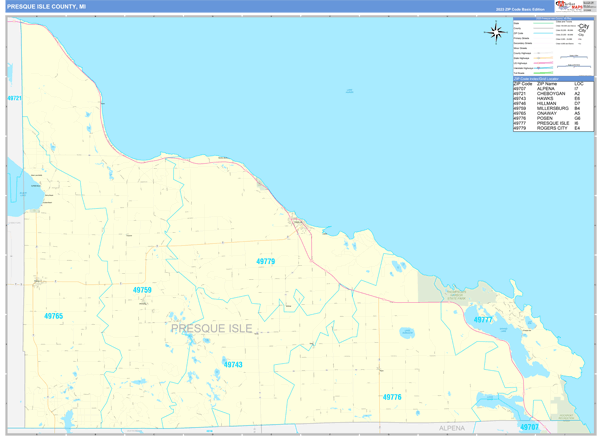 Presque Isle County, MI Zip Code Wall Map